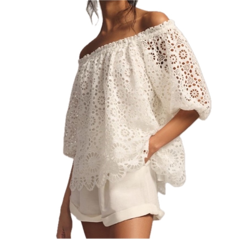 Maeve Anthropologie Eyelet Off-Shoulder Top White Small Boho Broderie Anglaise